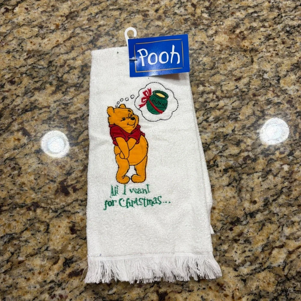 NEW Disney Winnie the Pooh Christmas Kitchen Towel White Embroidered Honey Pot